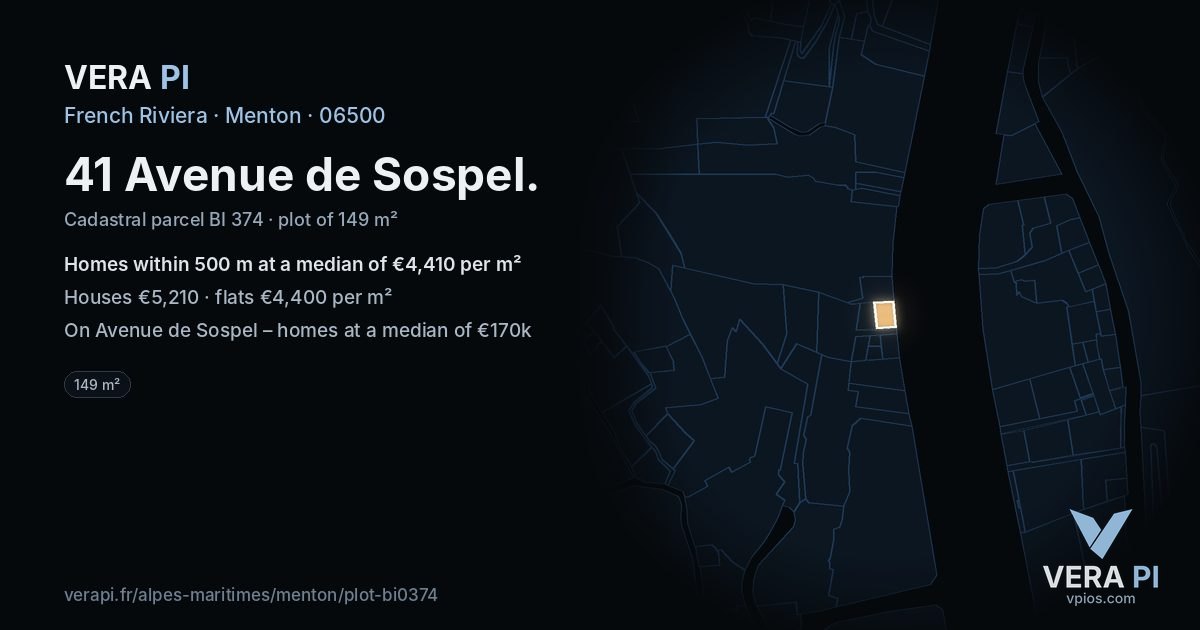 41 Avenue de Sospel, Menton at night – the plot lit, the parcels around coloured by the prices near them