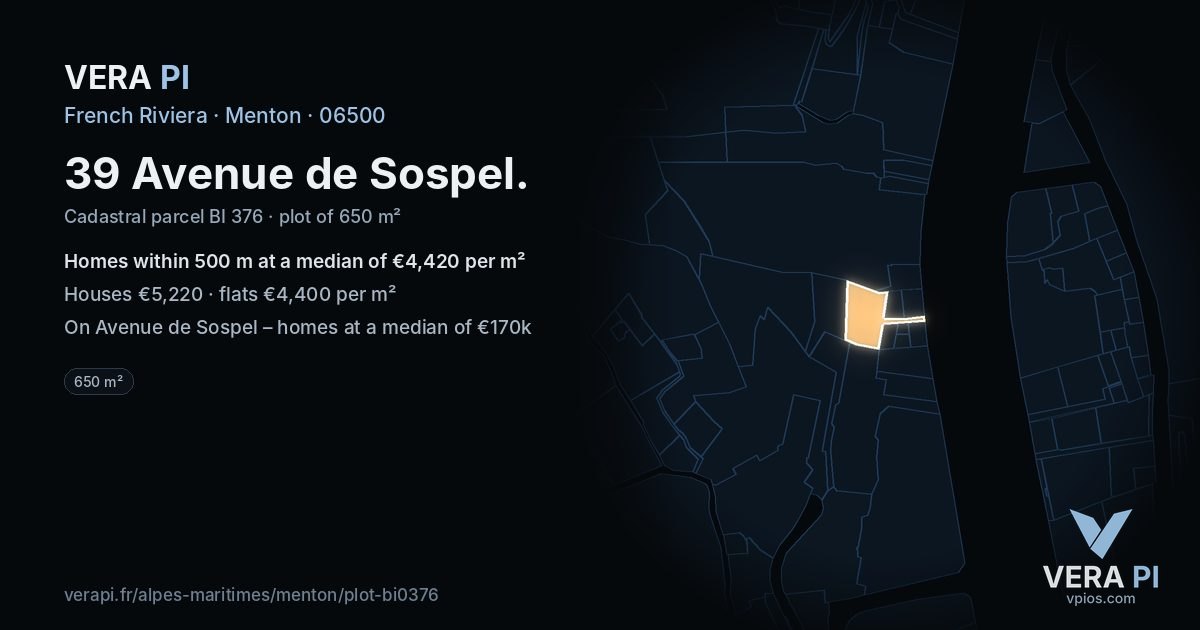 39 Avenue de Sospel, Menton at night – the plot lit, the parcels around coloured by the prices near them
