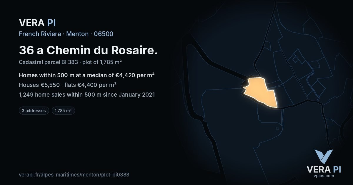 36 a Chemin du Rosaire, Menton at night – the plot lit, the parcels around coloured by the prices near them