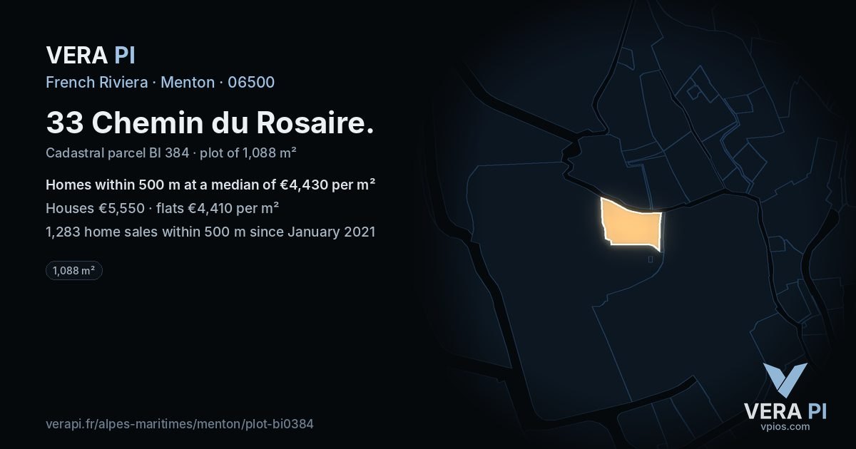 33 Chemin du Rosaire, Menton at night – the plot lit, the parcels around coloured by the prices near them