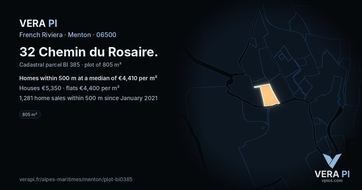 32 Chemin du Rosaire, Menton at night – the plot lit, the parcels around coloured by the prices near them