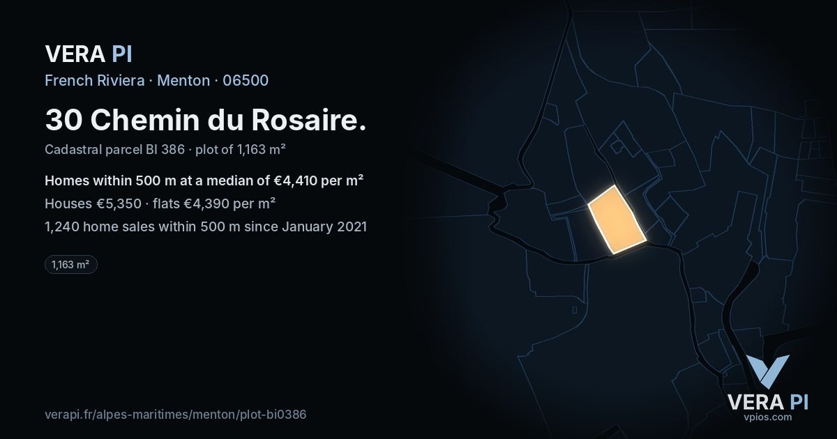 30 Chemin du Rosaire, Menton at night – the plot lit, the parcels around coloured by the prices near them