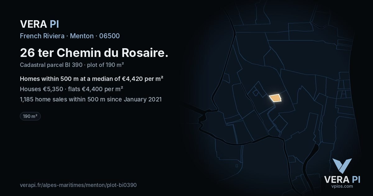 26 ter Chemin du Rosaire, Menton at night – the plot lit, the parcels around coloured by the prices near them
