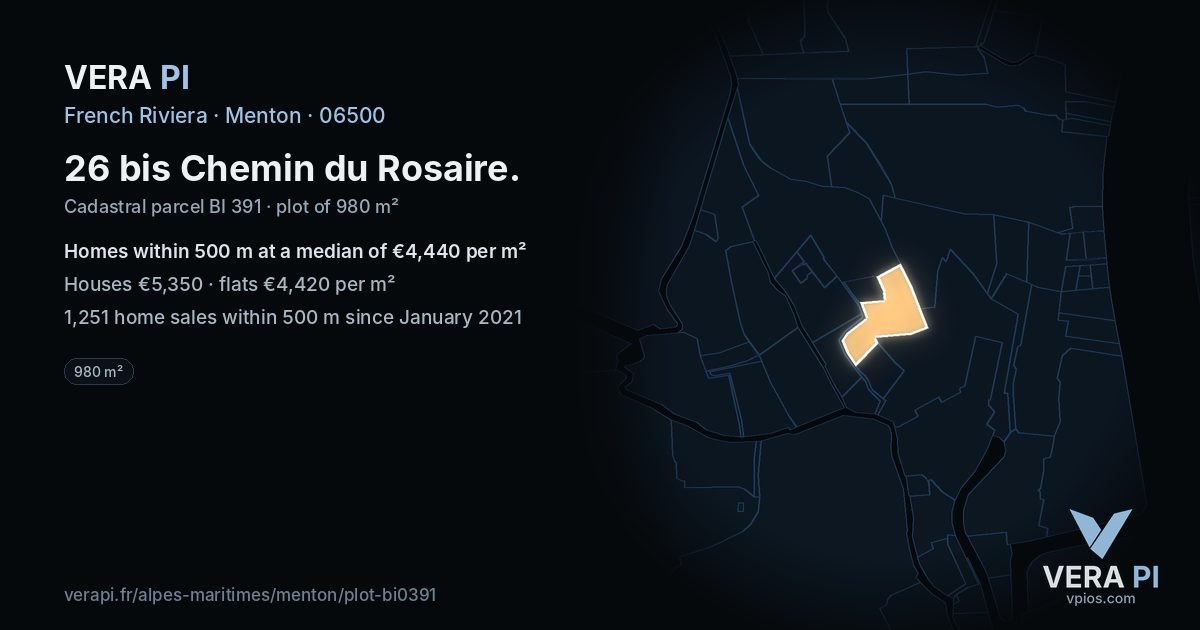 26 bis Chemin du Rosaire, Menton at night – the plot lit, the parcels around coloured by the prices near them