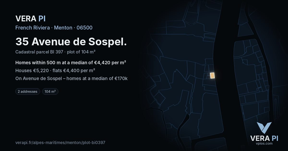 35 Avenue de Sospel, Menton at night – the plot lit, the parcels around coloured by the prices near them