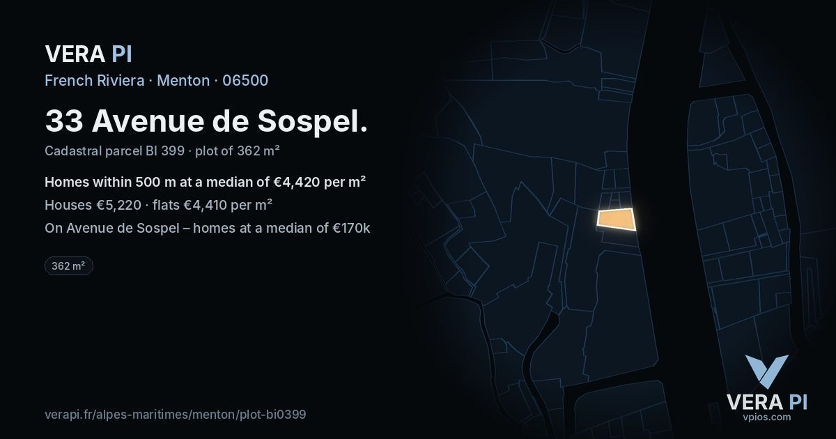 33 Avenue de Sospel, Menton at night – the plot lit, the parcels around coloured by the prices near them
