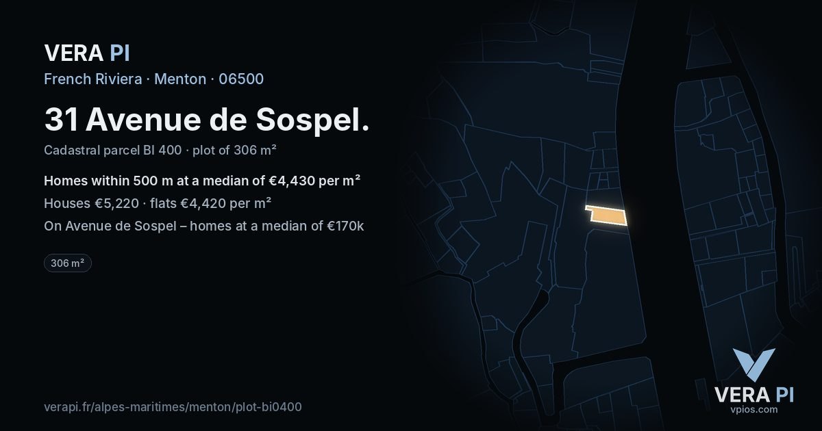 31 Avenue de Sospel, Menton at night – the plot lit, the parcels around coloured by the prices near them