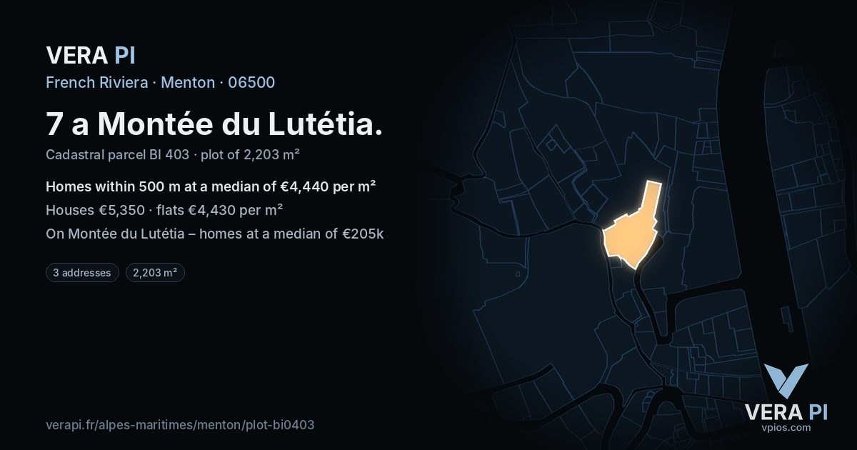 7 a Montée du Lutétia, Menton at night – the plot lit, the parcels around coloured by the prices near them