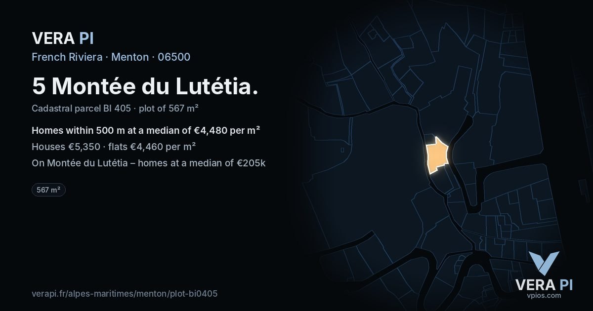 5 Montée du Lutétia, Menton at night – the plot lit, the parcels around coloured by the prices near them