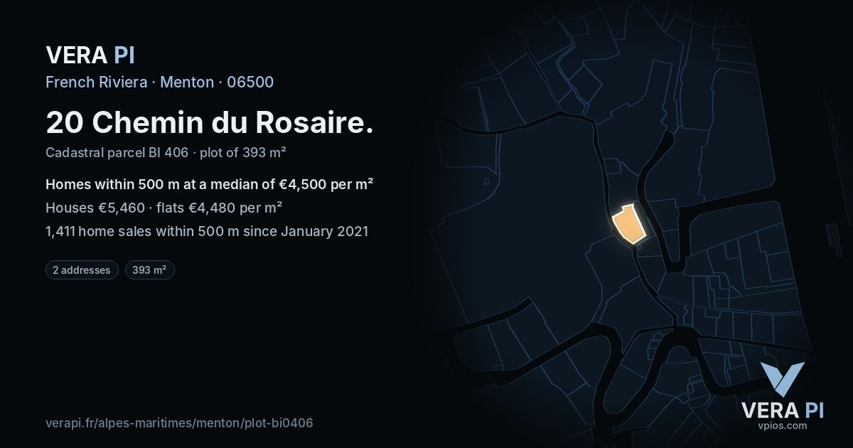 20 Chemin du Rosaire, Menton at night – the plot lit, the parcels around coloured by the prices near them