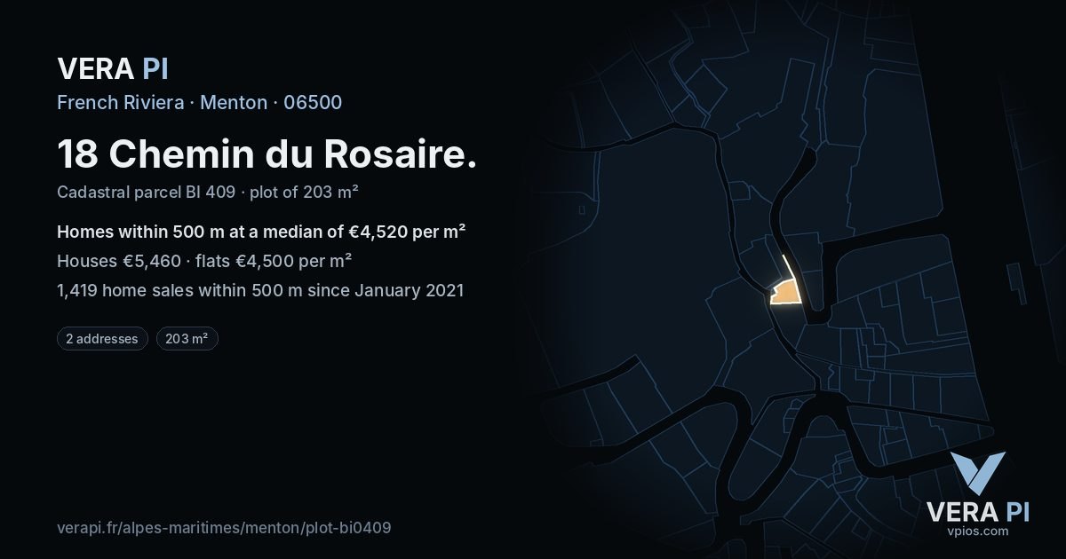 18 Chemin du Rosaire, Menton at night – the plot lit, the parcels around coloured by the prices near them