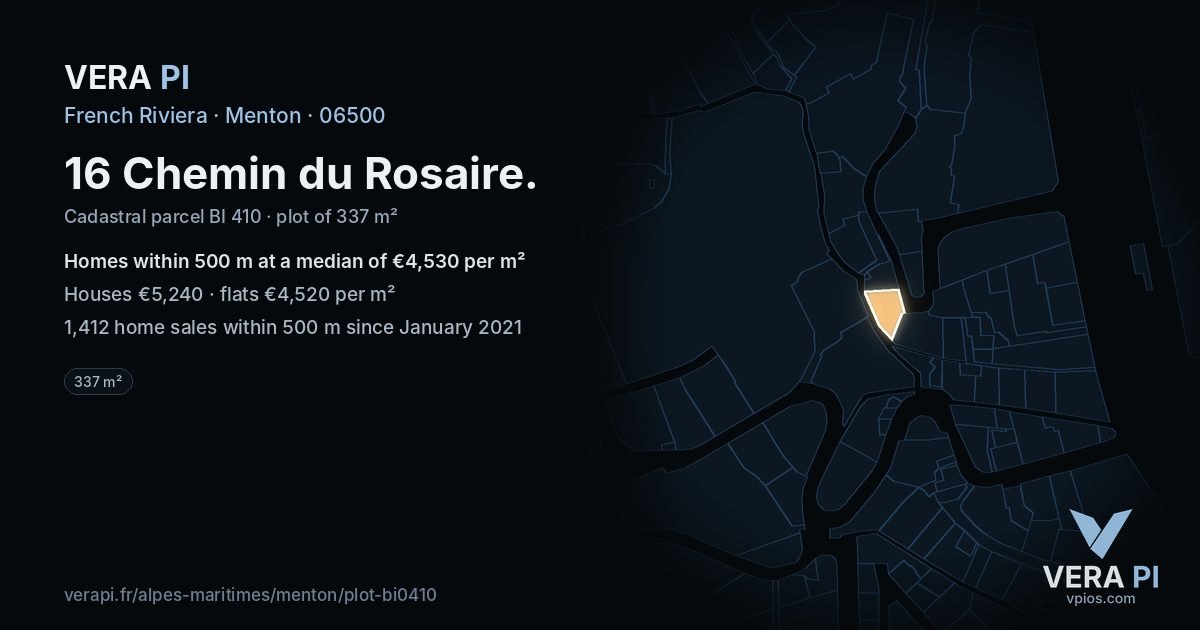 16 Chemin du Rosaire, Menton at night – the plot lit, the parcels around coloured by the prices near them