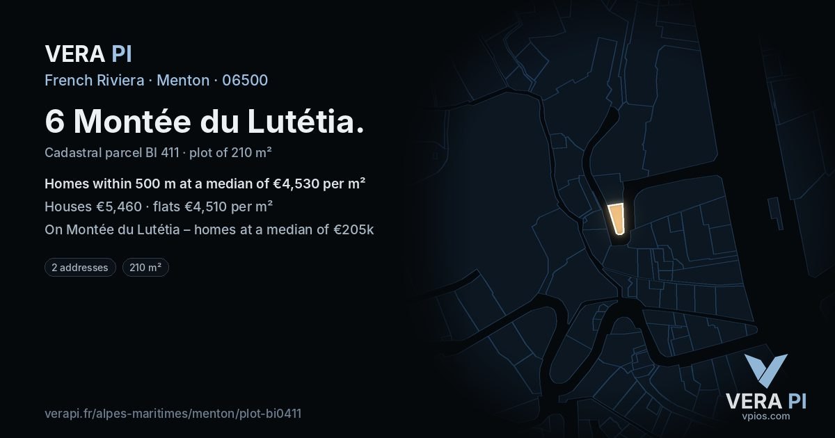 6 Montée du Lutétia, Menton at night – the plot lit, the parcels around coloured by the prices near them