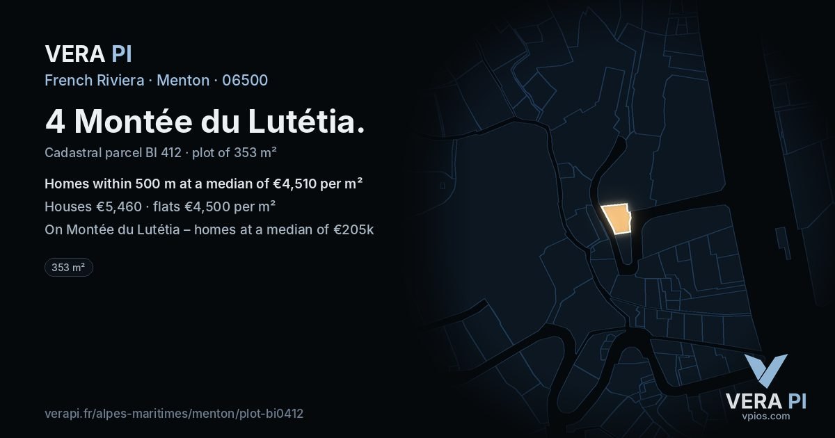 4 Montée du Lutétia, Menton at night – the plot lit, the parcels around coloured by the prices near them