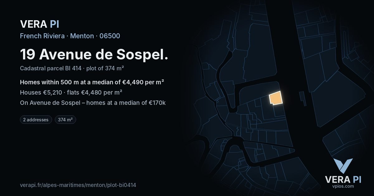 19 Avenue de Sospel, Menton at night – the plot lit, the parcels around coloured by the prices near them