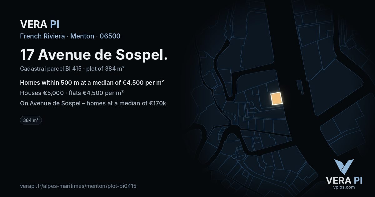 17 Avenue de Sospel, Menton at night – the plot lit, the parcels around coloured by the prices near them