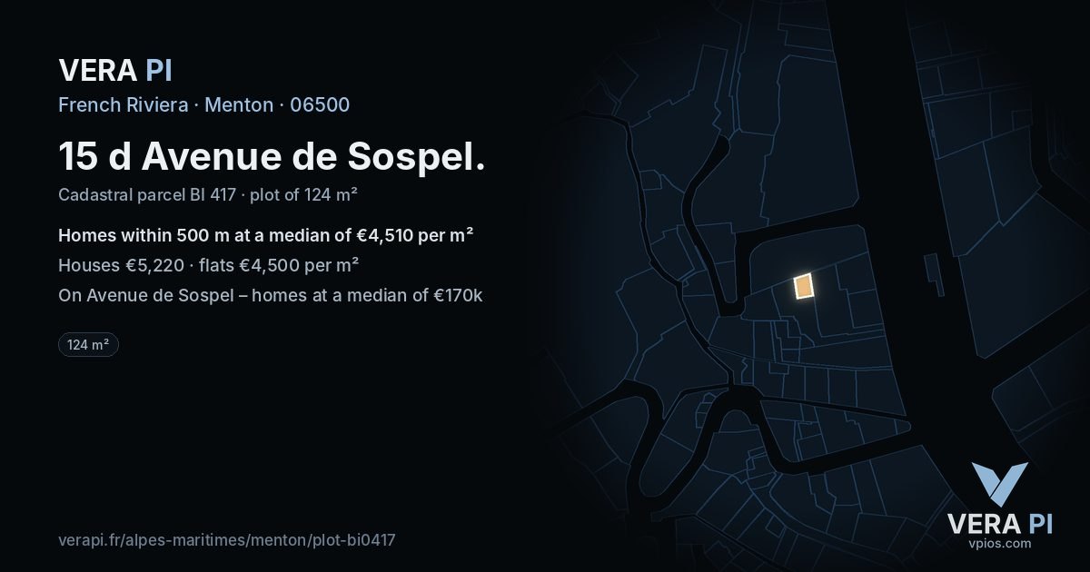 15 d Avenue de Sospel, Menton at night – the plot lit, the parcels around coloured by the prices near them