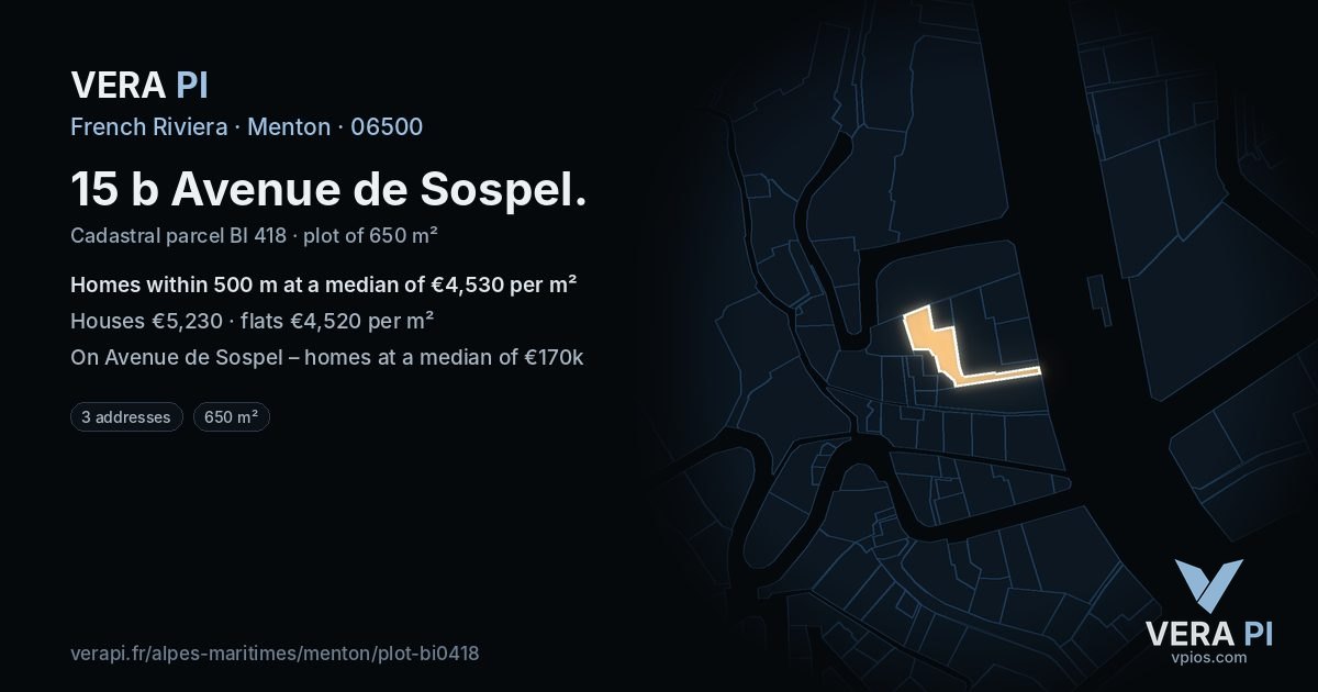 15 b Avenue de Sospel, Menton at night – the plot lit, the parcels around coloured by the prices near them