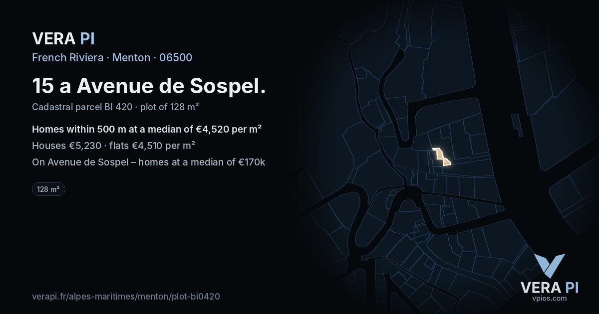 15 a Avenue de Sospel, Menton at night – the plot lit, the parcels around coloured by the prices near them