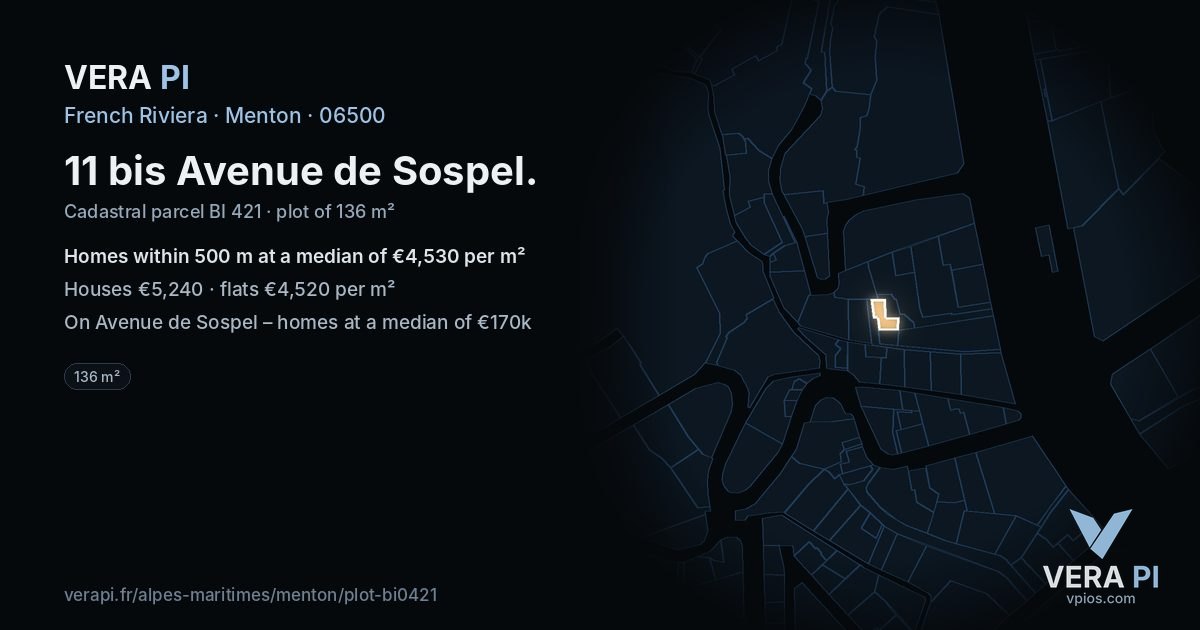 11 bis Avenue de Sospel, Menton at night – the plot lit, the parcels around coloured by the prices near them