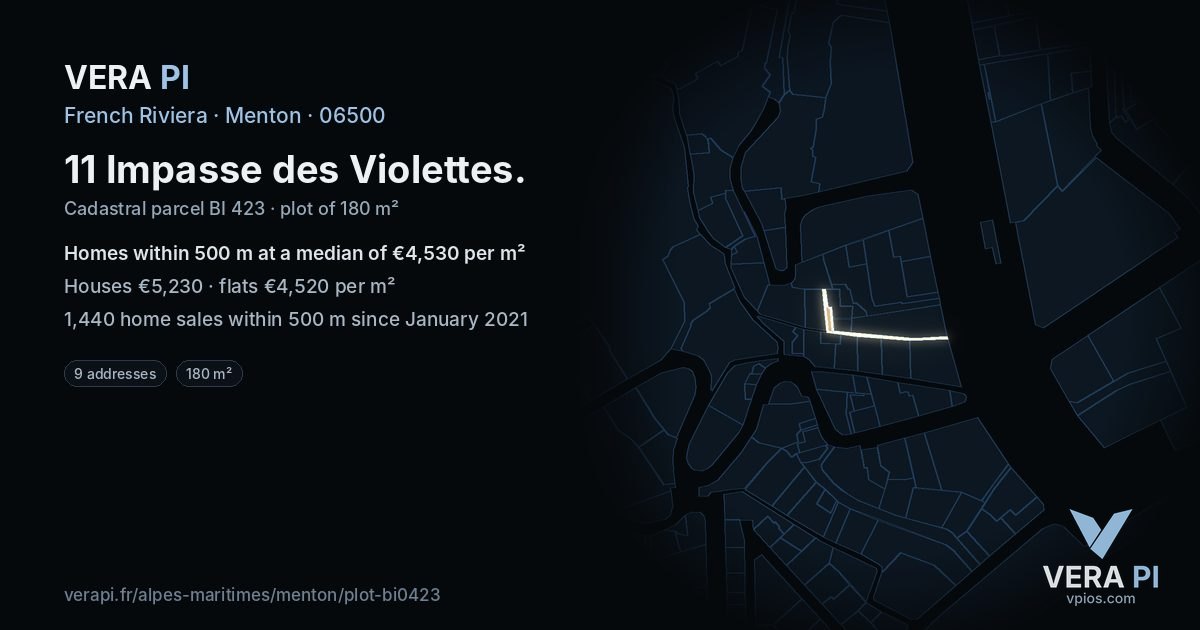11 Impasse des Violettes, Menton at night – the plot lit, the parcels around coloured by the prices near them