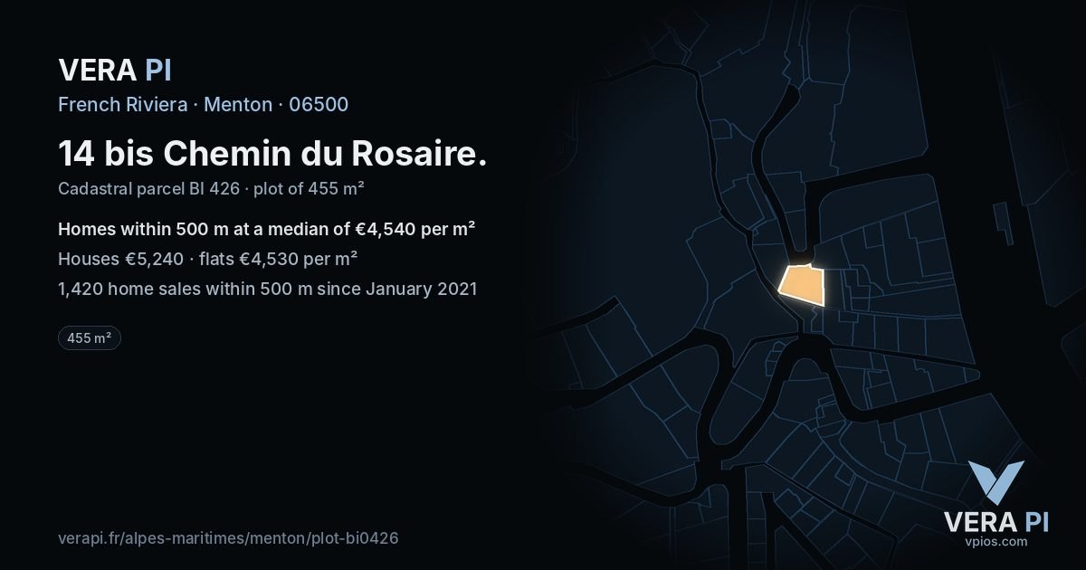 14 bis Chemin du Rosaire, Menton at night – the plot lit, the parcels around coloured by the prices near them