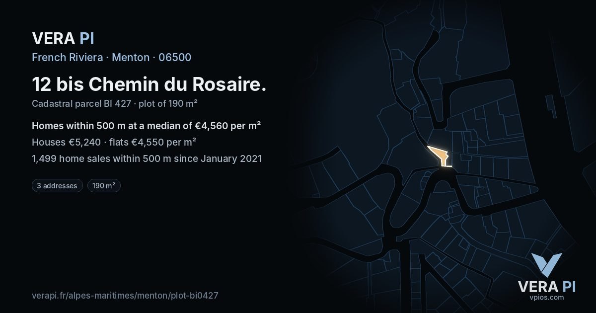 12 bis Chemin du Rosaire, Menton at night – the plot lit, the parcels around coloured by the prices near them