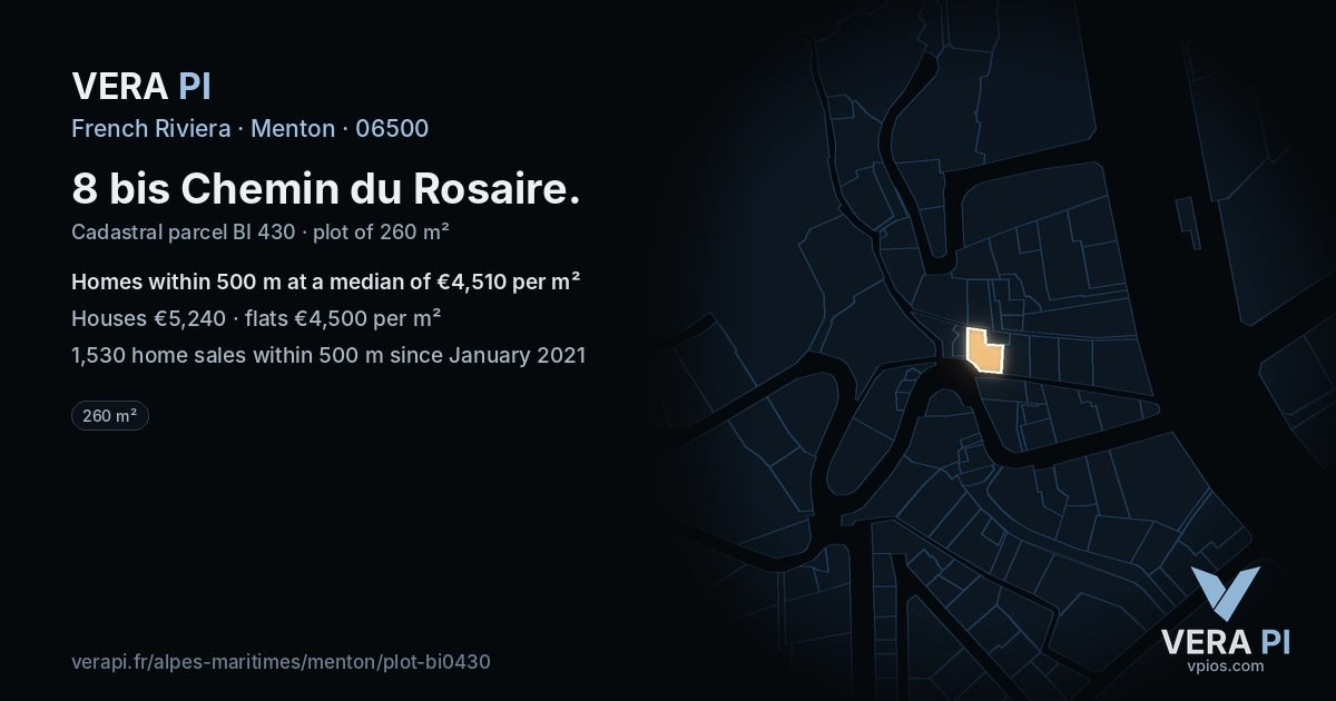 8 bis Chemin du Rosaire, Menton at night – the plot lit, the parcels around coloured by the prices near them