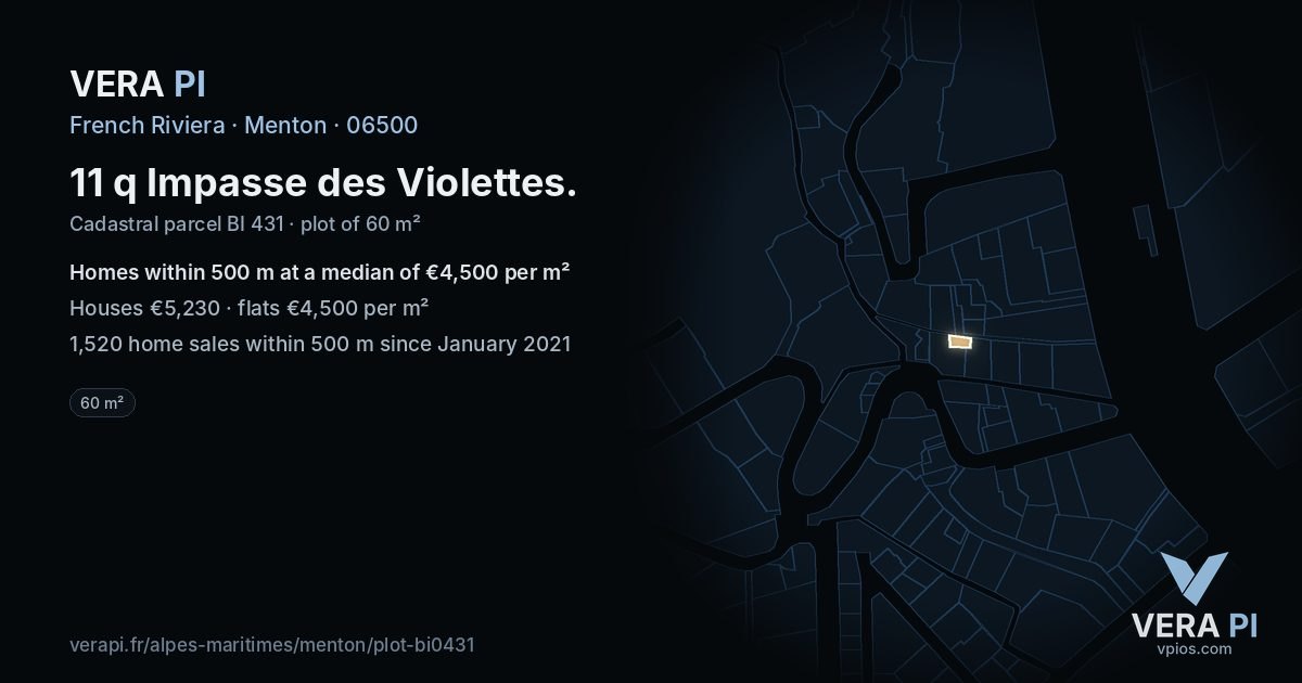 11 q Impasse des Violettes, Menton at night – the plot lit, the parcels around coloured by the prices near them