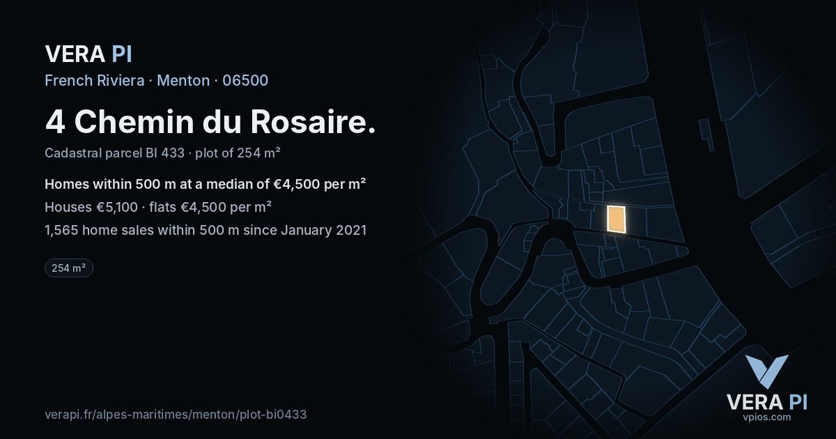 4 Chemin du Rosaire, Menton at night – the plot lit, the parcels around coloured by the prices near them
