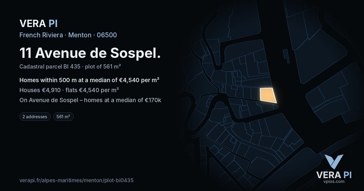 11 Avenue de Sospel, Menton at night – the plot lit, the parcels around coloured by the prices near them