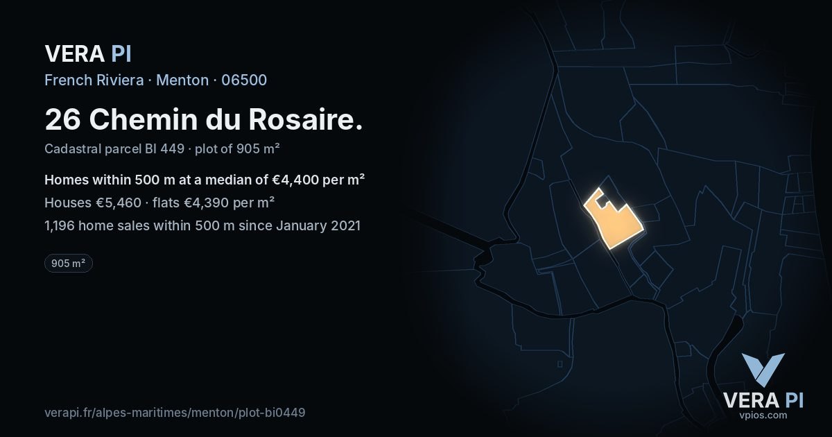 26 Chemin du Rosaire, Menton at night – the plot lit, the parcels around coloured by the prices near them