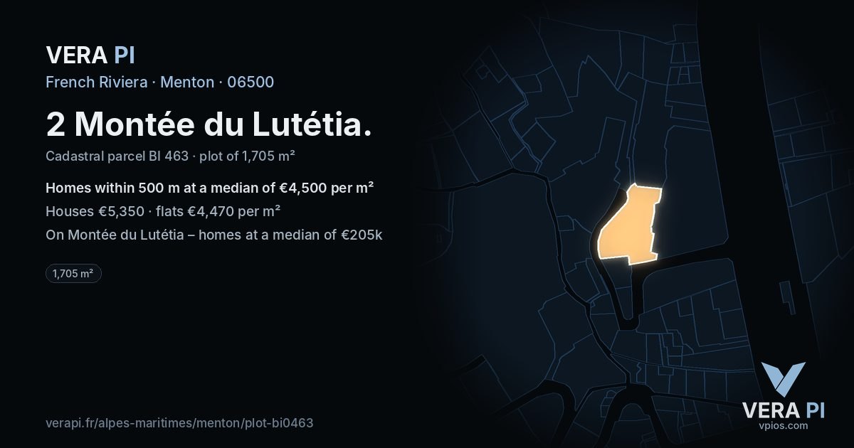 2 Montée du Lutétia, Menton at night – the plot lit, the parcels around coloured by the prices near them
