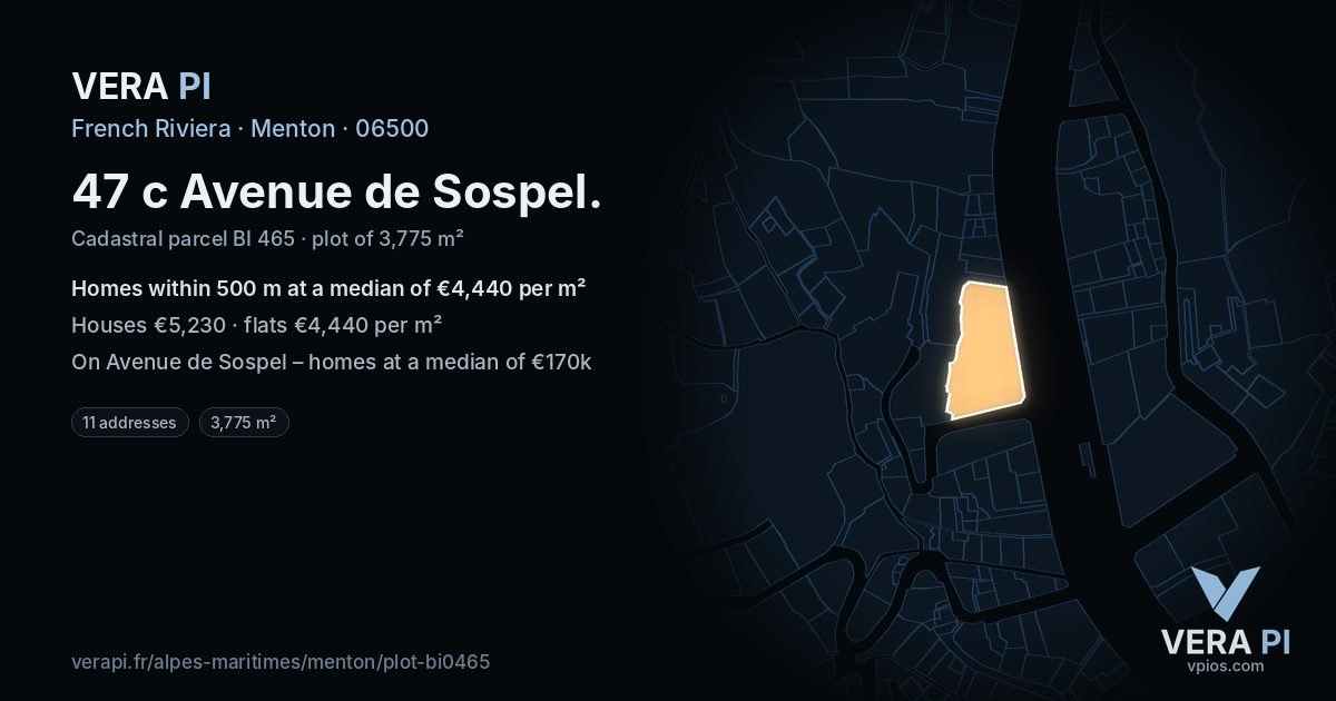 47 c Avenue de Sospel, Menton at night – the plot lit, the parcels around coloured by the prices near them