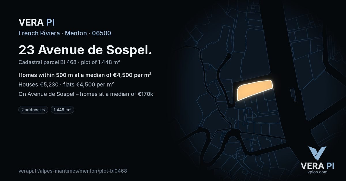 23 Avenue de Sospel, Menton at night – the plot lit, the parcels around coloured by the prices near them