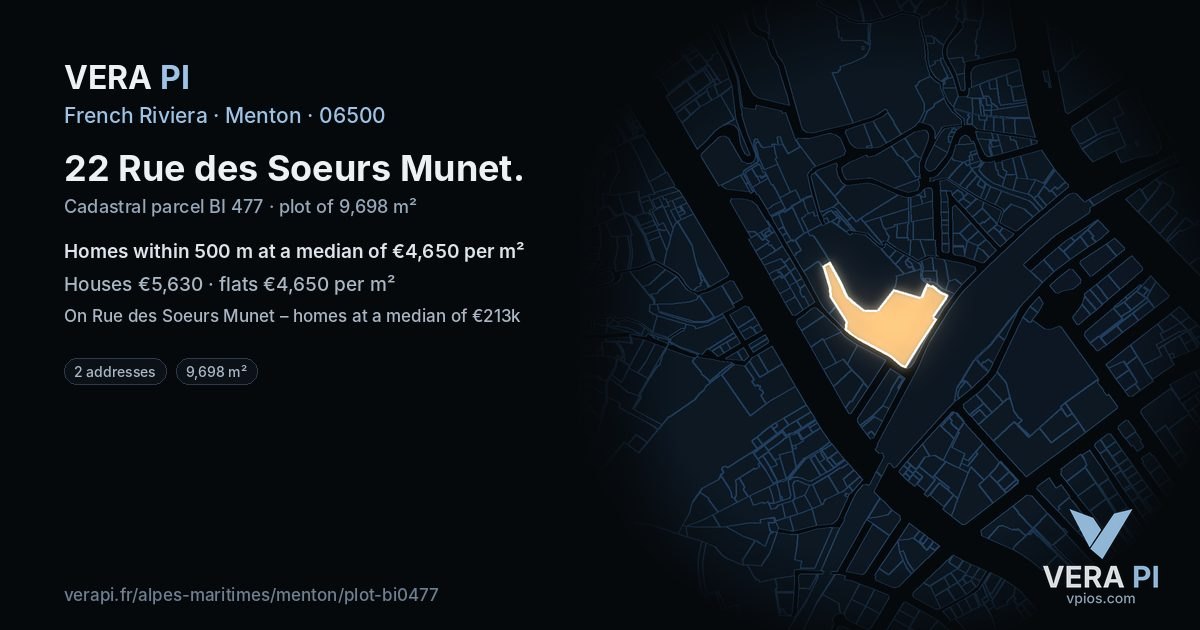 22 Rue des Soeurs Munet, Menton at night – the plot lit, the parcels around coloured by the prices near them