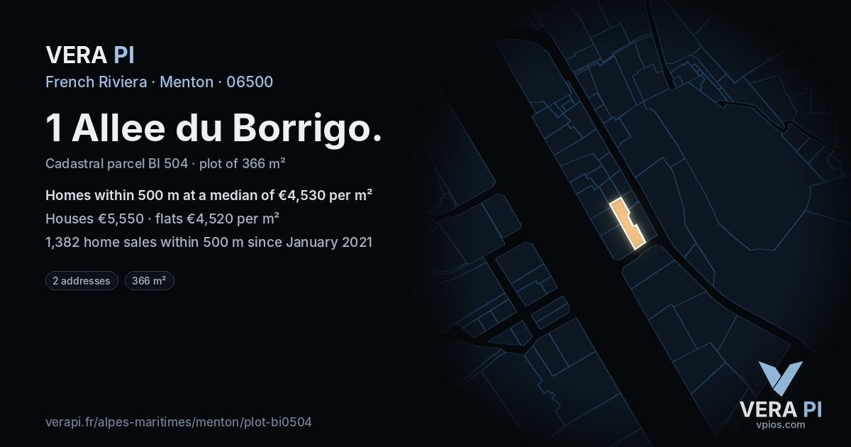 1 Allee du Borrigo, Menton at night – the plot lit, the parcels around coloured by the prices near them