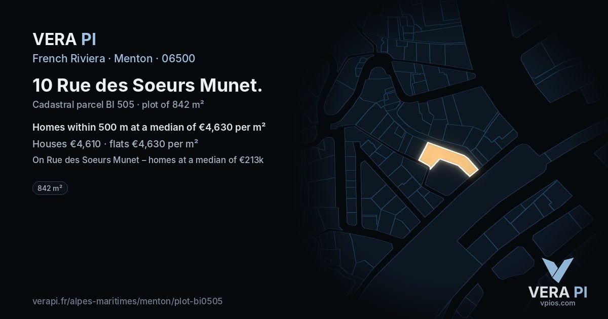 10 Rue des Soeurs Munet, Menton at night – the plot lit, the parcels around coloured by the prices near them