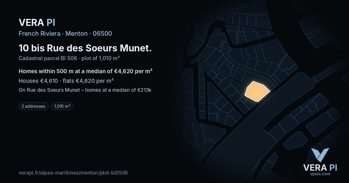 10 bis Rue des Soeurs Munet, Menton at night – the plot lit, the parcels around coloured by the prices near them