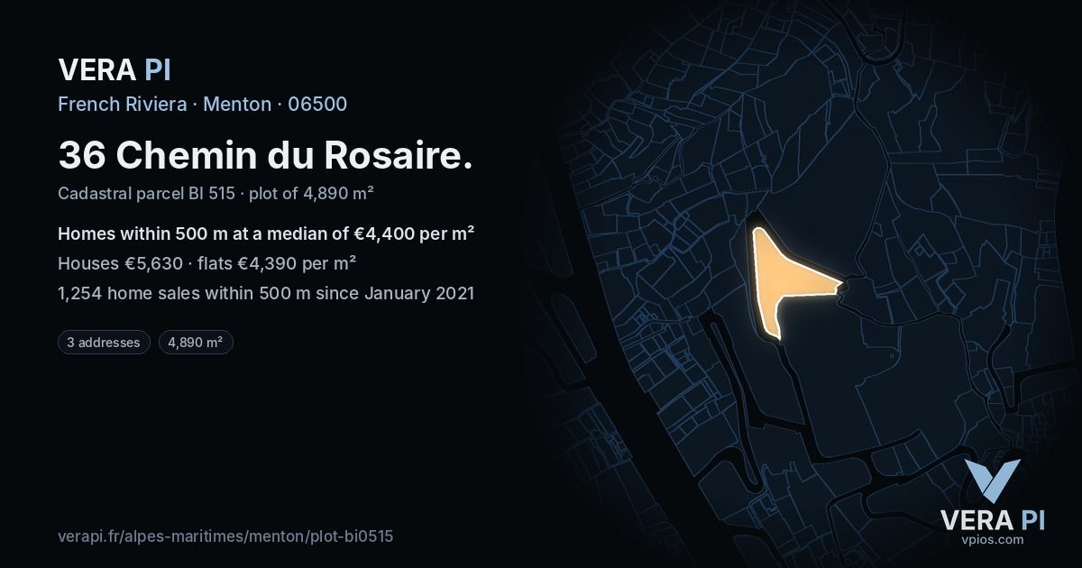36 Chemin du Rosaire, Menton at night – the plot lit, the parcels around coloured by the prices near them