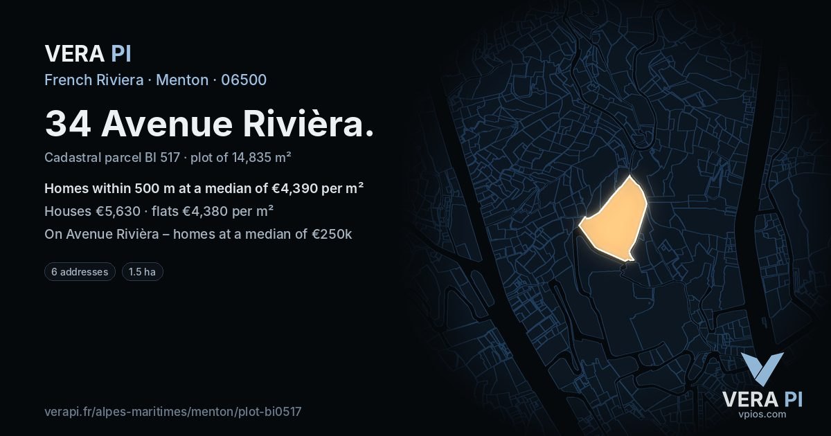 34 Avenue Rivièra, Menton at night – the plot lit, the parcels around coloured by the prices near them