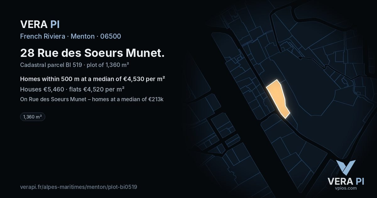 28 Rue des Soeurs Munet, Menton at night – the plot lit, the parcels around coloured by the prices near them
