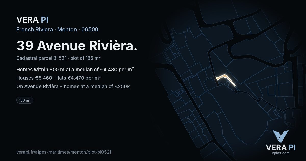 39 Avenue Rivièra, Menton at night – the plot lit, the parcels around coloured by the prices near them