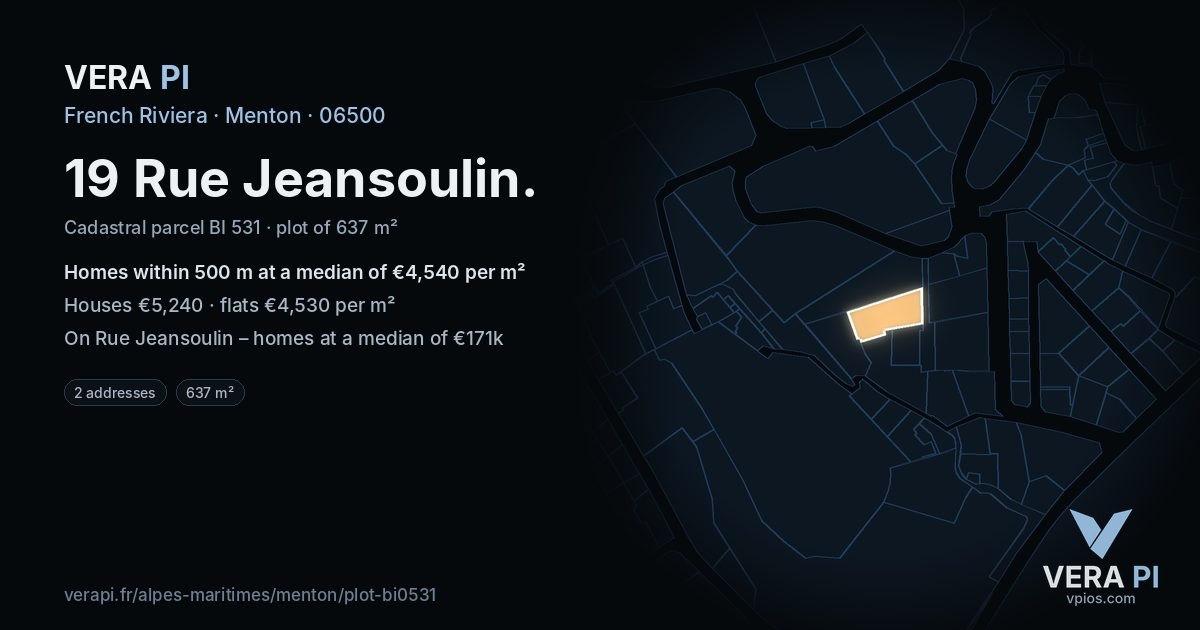 19 Rue Jeansoulin, Menton at night – the plot lit, the parcels around coloured by the prices near them