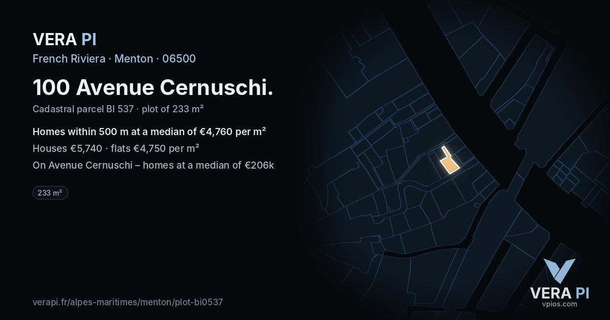 100 Avenue Cernuschi, Menton at night – the plot lit, the parcels around coloured by the prices near them