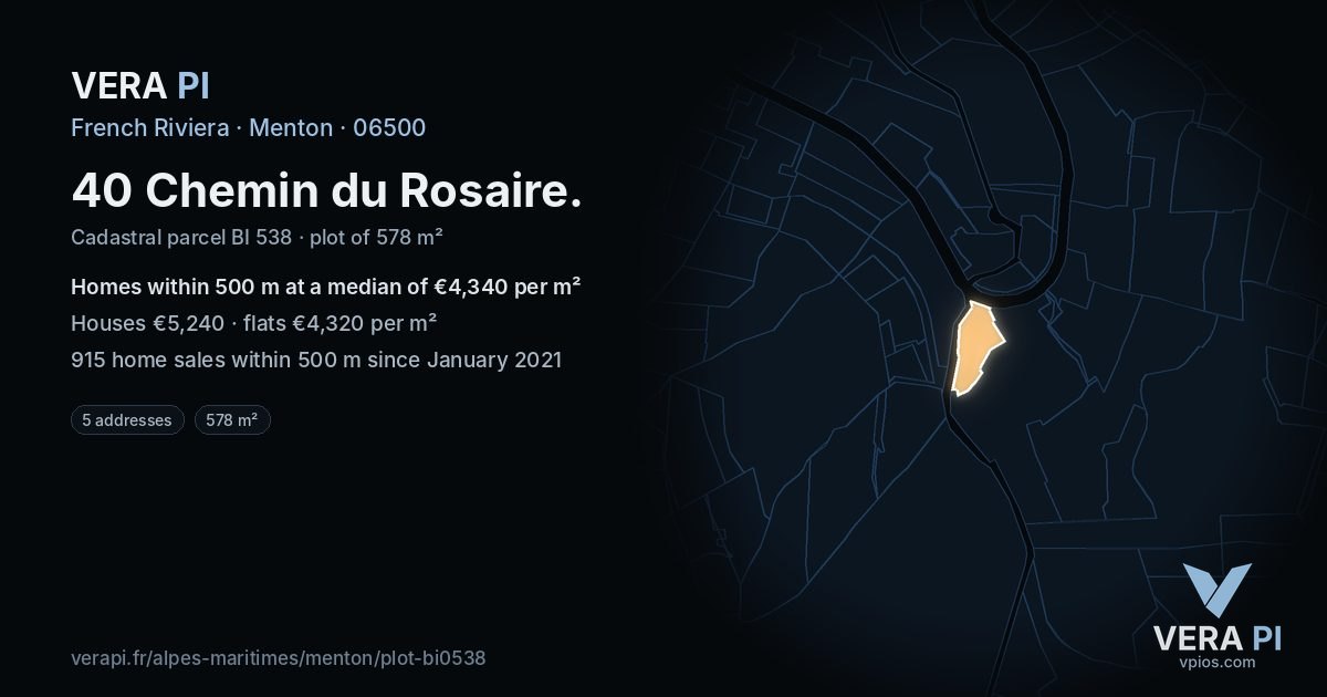 40 Chemin du Rosaire, Menton at night – the plot lit, the parcels around coloured by the prices near them