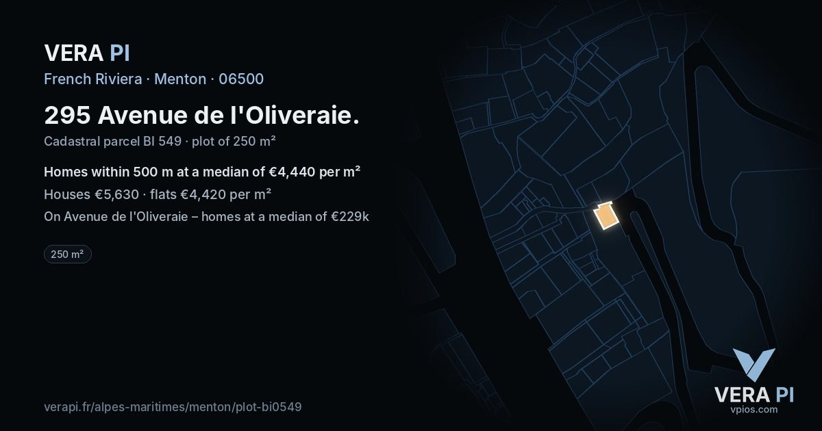 295 Avenue de l'Oliveraie, Menton at night – the plot lit, the parcels around coloured by the prices near them