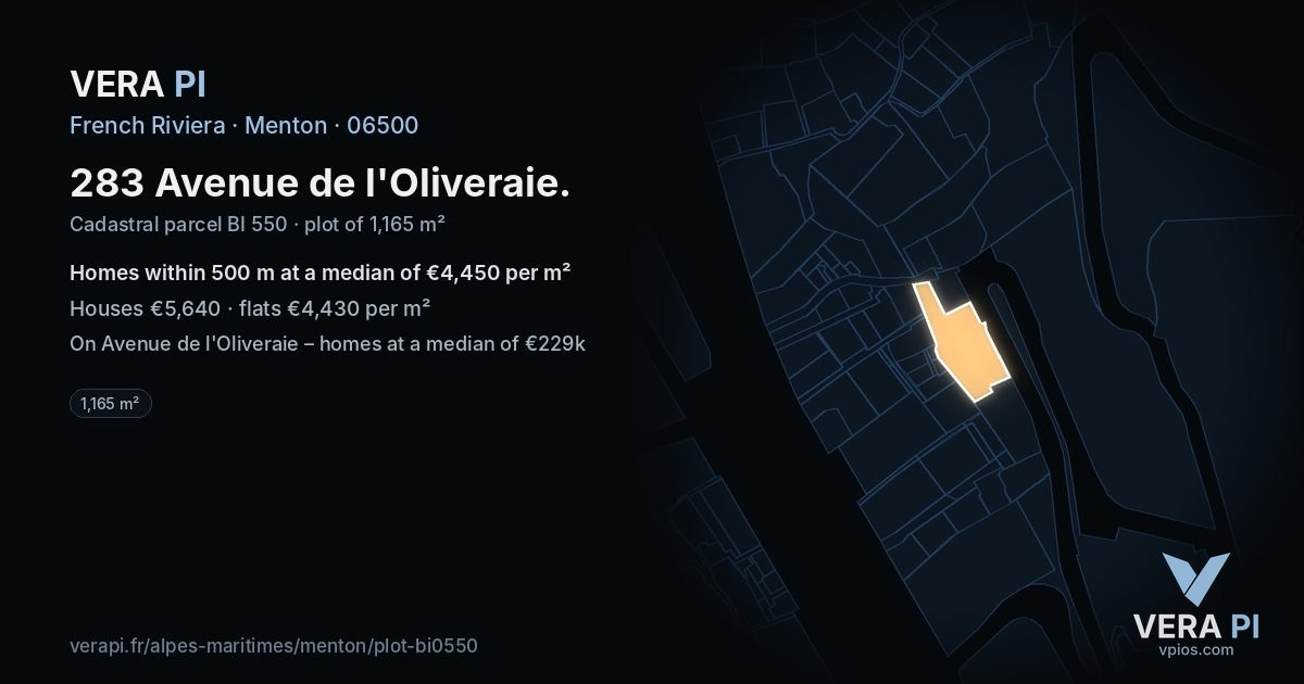 283 Avenue de l'Oliveraie, Menton at night – the plot lit, the parcels around coloured by the prices near them