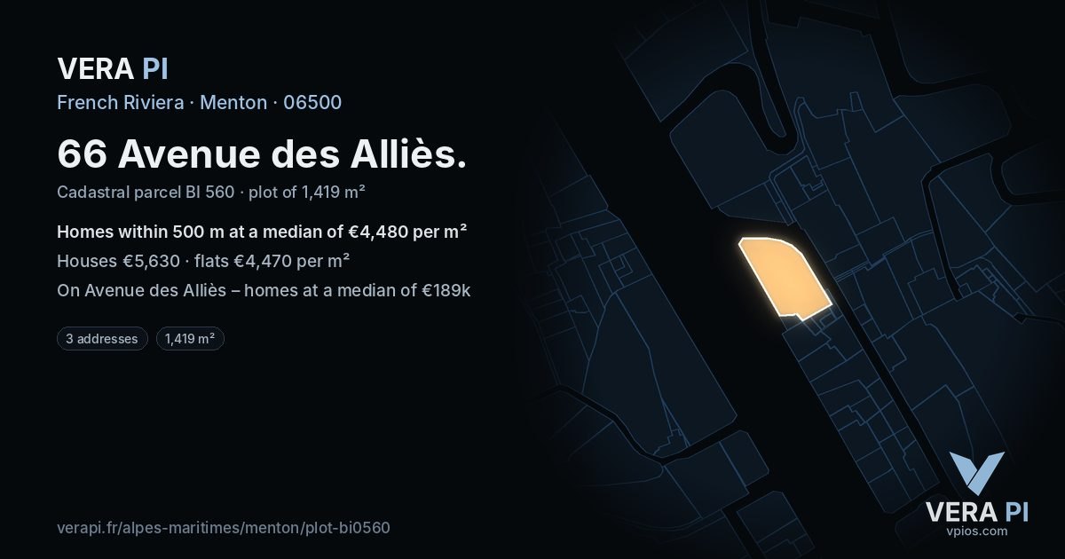 66 Avenue des Alliès, Menton at night – the plot lit, the parcels around coloured by the prices near them