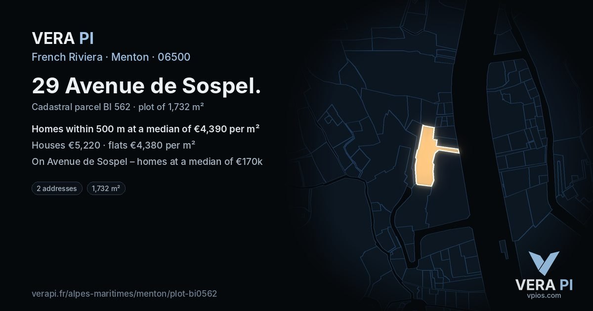 29 Avenue de Sospel, Menton at night – the plot lit, the parcels around coloured by the prices near them